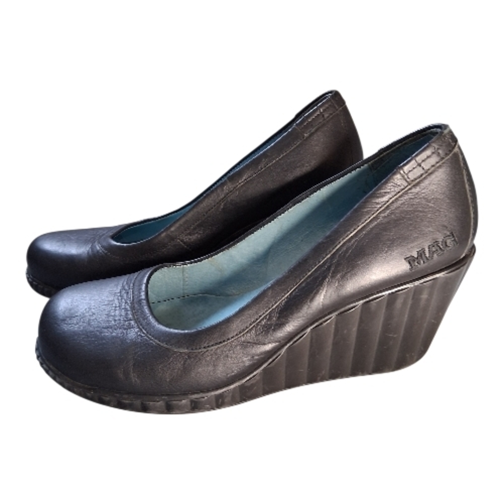 MAG Creative Footwear Black Leather Wedge Pumps 37 Chunky Platform Comfort Heels